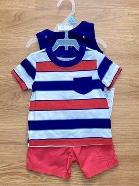 Carter’s Child of Mine Baby 3Pc Outfit Set Nautical Striped Shirt Bodysuit Short